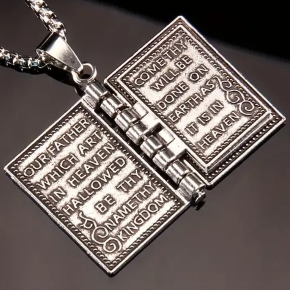 NWOT Lord's Prayer Bible Necklace Stainless Steel Unisex 70cm - Picture 3 of 6